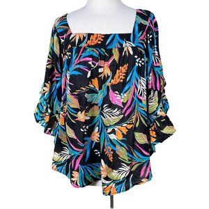 Terra & Sky Square Neck Wide Ruffle Sleeve Colorful Tropical Print Top 3X
